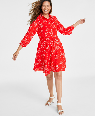 On 34th Women's Long-sleeve Belted Shirtdress, Created For Macy's In Fiery Red Combo