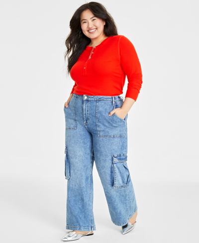 On 34th Trendy Plus Size High-rise Utility Cargo Jeans, Created For Macy's In Light Wash
