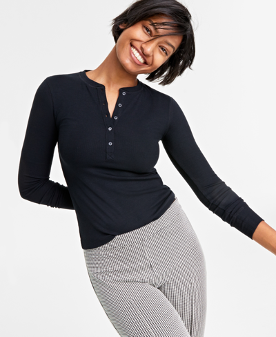 On 34th Women's Ribbed Long-sleeve Henley Top, Created For Macy's In Deep Black