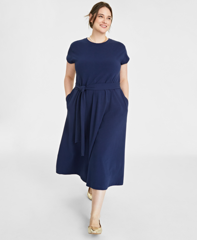 On 34th Plus Size Tie-waist A-line Midi Dress, Created For Macy's In Intrepid Blue