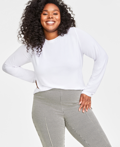 On 34th Plus Size Solid Long-sleeve Crewneck Knit Top, Created For Macy's In Bright White