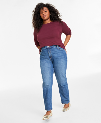 On 34th Plus Size Solid Long-sleeve Crewneck Knit Top, Created For Macy's In Port Royale