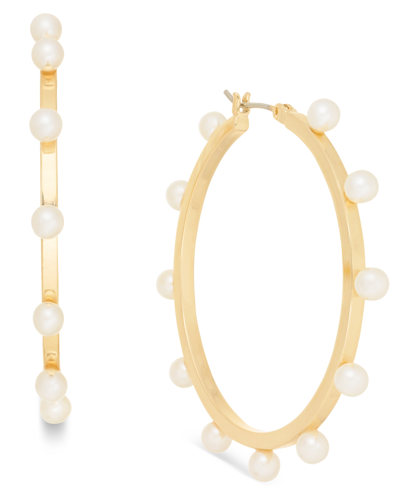 On 34th Imitation-pearl Hoop Earrings, Created For Macy's In Gold