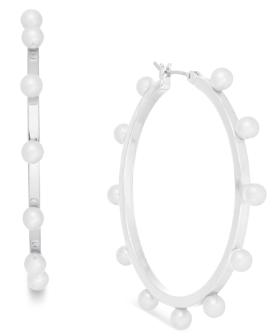 On 34th Imitation-pearl Hoop Earrings, Created For Macy's In Silver