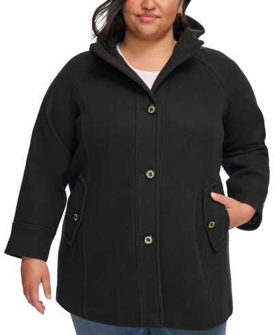 Tommy Hilfiger Women's Plus Size Hooded Button-front Coat, Created For Macy's In Black