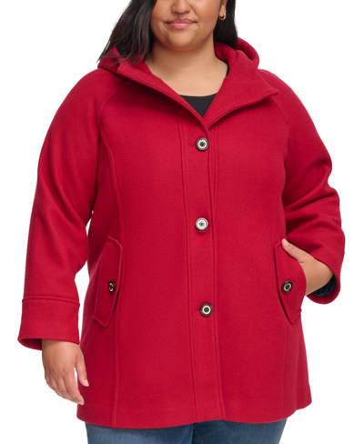 Tommy Hilfiger Women's Plus Size Hooded Button-front Coat, Created For Macy's In Red