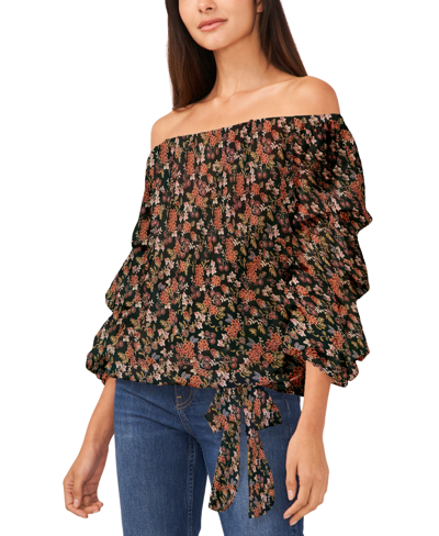 Vince Camuto Women's Floral Off The Shoulder Bubble Sleeve Tie Front Blouse In Rich Black
