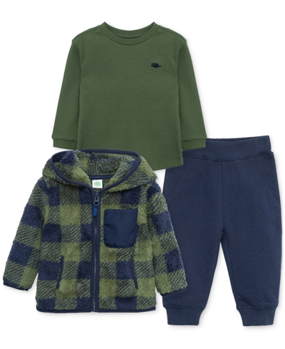 Little Me Baby Boys Faux-sherpa Jacket, Long-sleeved Top And Pants, 3 Piece Set In Blue