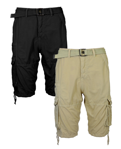 Blu Rock Men's Vintage-like Cotton Cargo Belted Shorts, Pack Of 2 In Black-khaki