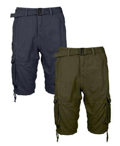 Blu Rock Men's Vintage-like Cotton Cargo Belted Shorts, Pack Of 2 In Navy-olive
