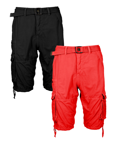 Blu Rock Men's Vintage-like Cotton Cargo Belted Shorts, Pack Of 2 In Black-red