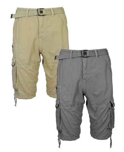 Blu Rock Men's Vintage-like Cotton Cargo Belted Shorts, Pack Of 2 In Khaki-gray