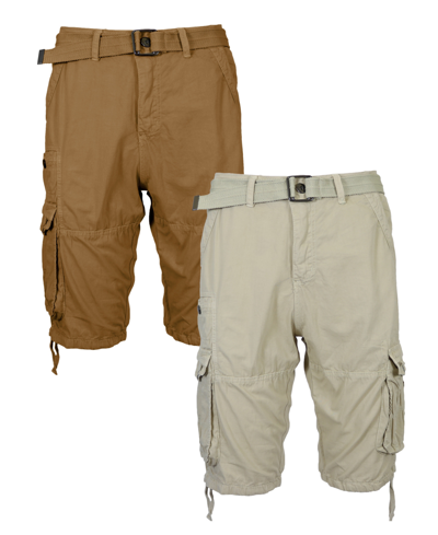 Blu Rock Men's Vintage-like Cotton Cargo Belted Shorts, Pack Of 2 In Dark Khaki-light Khaki