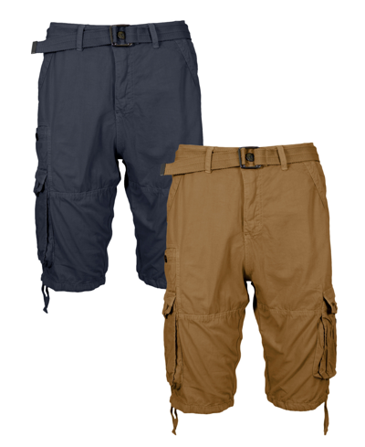 Blu Rock Men's Vintage-like Cotton Cargo Belted Shorts, Pack Of 2 In Navy-dark Khaki
