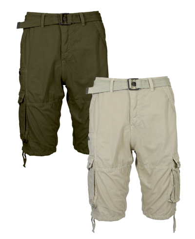 Blu Rock Men's Vintage-like Cotton Cargo Belted Shorts, Pack Of 2 In Olive-light Khaki