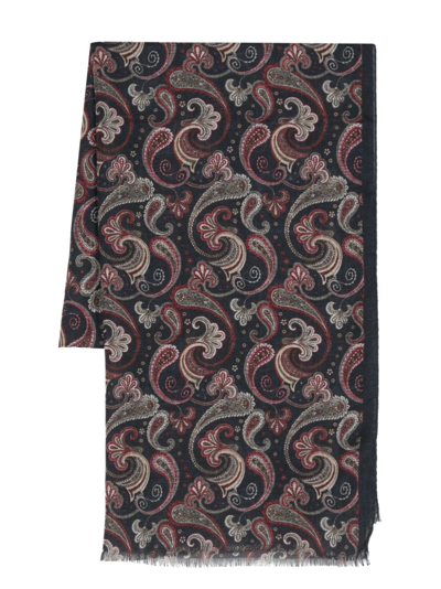 Kiton Paisley-print Frayed-trim Scarf In Blue