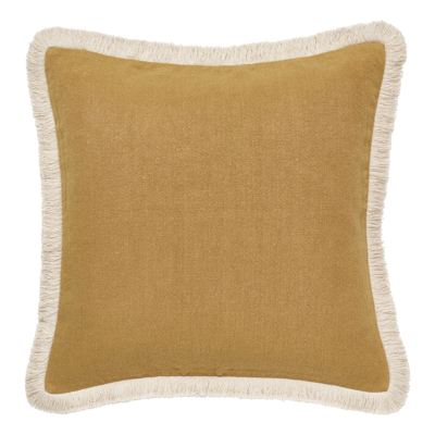 Oka Stonewashed Linen Cushion Cover With Fringing - Ochre
