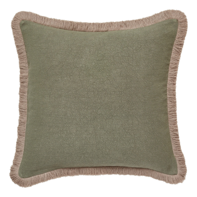 Oka Stonewashed Linen Cushion Cover With Fringing - Lake Green