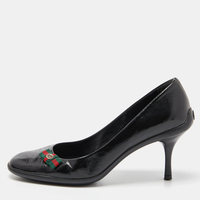 Pre-owned Gucci Black Patent Leather Web Bow Pumps Size 38.5