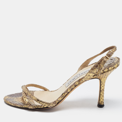 Pre-owned Jimmy Choo Gold Python Embossed Leather Slingback Sandals Size 36 In Metallic