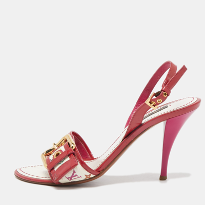 Pre-owned Louis Vuitton Red/white Monogram Canvas And Patent Slingback Sandals Size 36