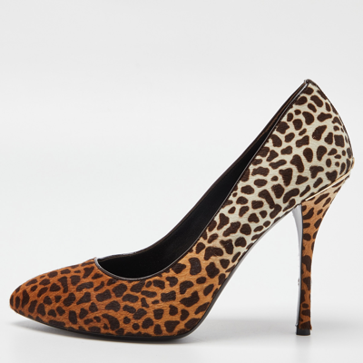 Pre-owned Gucci Brown Leopard Print Calfhair And Patent Leather Pointed Toe Pumps Size 40
