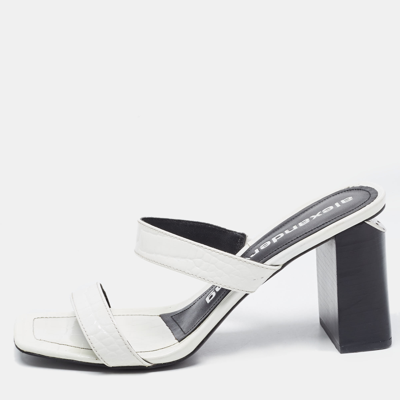 Pre-owned Alexander Wang White Croc Embossed Patent Leather Block Heel Slide Sandals Size 40