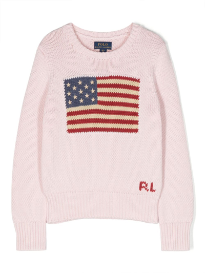 Ralph Lauren Kids' 图案嵌花针织棉毛衣 In Pink