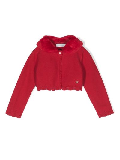 Abel & Lula Babies' Fur-collar Knitted Cropped Cardigan In Red