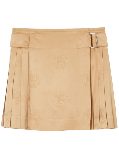 Burberry Petula Ekd Silk Jacquard Pleated Mini Wrap Skirt In Soft Fawn Ip Pttn