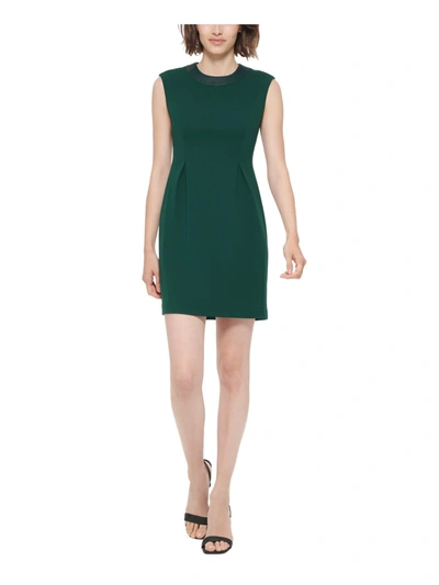 Calvin Klein Womens Faux Leather Trim Knee Sheath Dress In Green