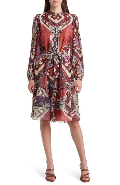 Kobi Halperin Candace Ikat-print Belted Long-sleeve Tiered Dress In Beet Multi