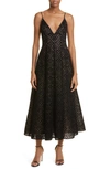 Lela Rose Eyelet Embroidered Midi Dress With Pockets In Black