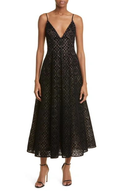 Lela Rose Eyelet Embroidered Midi Dress With Pockets In Black