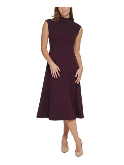Calvin Klein Womens Mock Neck Midi Fit & Flare Dress In Purple