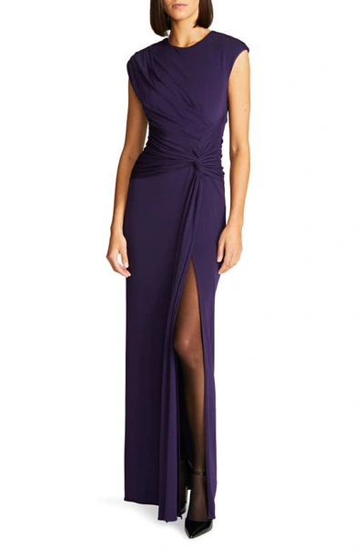 Halston Giovanna Twist-front Cap-sleeve Jersey Gown In Aubergine