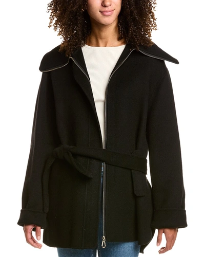 Sandro Zip Front Wool Coat In Black