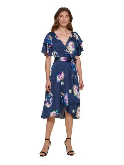 Dkny Womens Floral Midi Wrap Dress In Blue