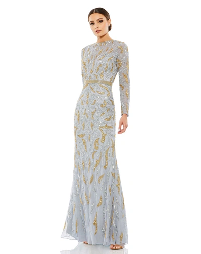 Mac Duggal Beaded Long Sleeve Evening Gown In Platinum Gold