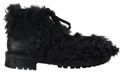 Dolce & Gabbana Black Leather Combat Shearling Boots Shoes