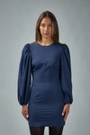 Ganni Mini Navy Blue Open-back Dress With Balloon Sleeves In Stretch Viscose Blend Woman