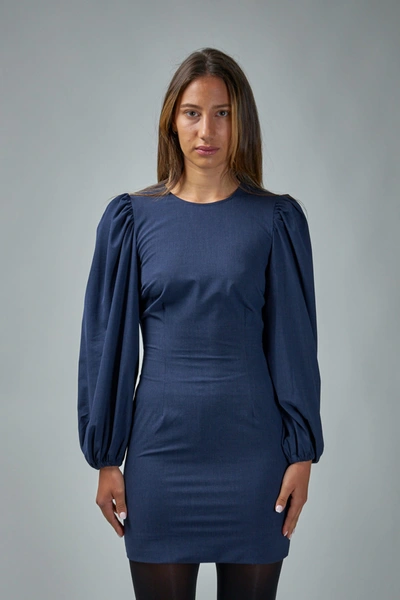 Ganni Long Sleeve Blue Drapey Melange Open Back Mini Dress In Black