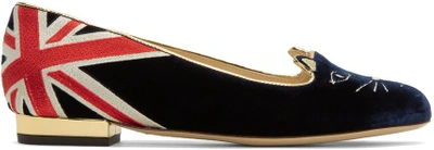 Charlotte Olympia Kitty Embroidered Velvet Slippers