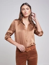 L'agence Dani Silk Satin 3/4-sleeve Button-down Blouse In Fawn