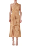 Endless Rose One-shoulder Draped Midi Dress In Tan