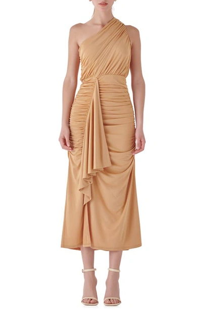 Endless Rose One-shoulder Draped Midi Dress In Tan