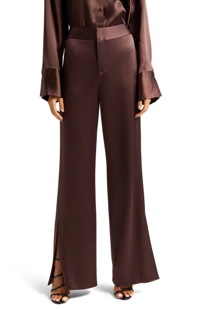 Alice And Olivia Jc Wide-leg Side-slit Satin Pants In Toffee