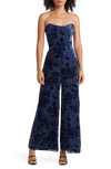 Hutch Sonnie Floral Velvet Burnout Strapless Jumpsuit In Navy Eden Floral Burnout
