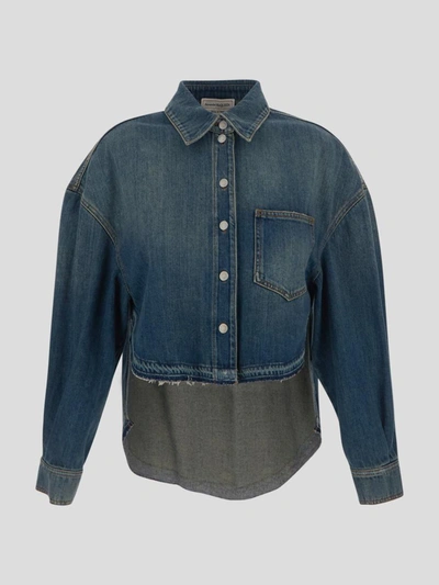 Alexander Mcqueen Contrasted Buttoned Denim Shirt In Lavado Oscuro