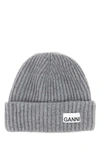 Ganni Melange Grey Logo Beanie In Grey
